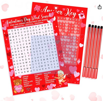 Capoda 41 Pcs Valentine's Day Word Search Game Card Set Valentine's Day Game 30 Players and 1 Answer Card with 10 Pens for Adults Kids Valentines Home School Classroom Activities Holiday Party Favors